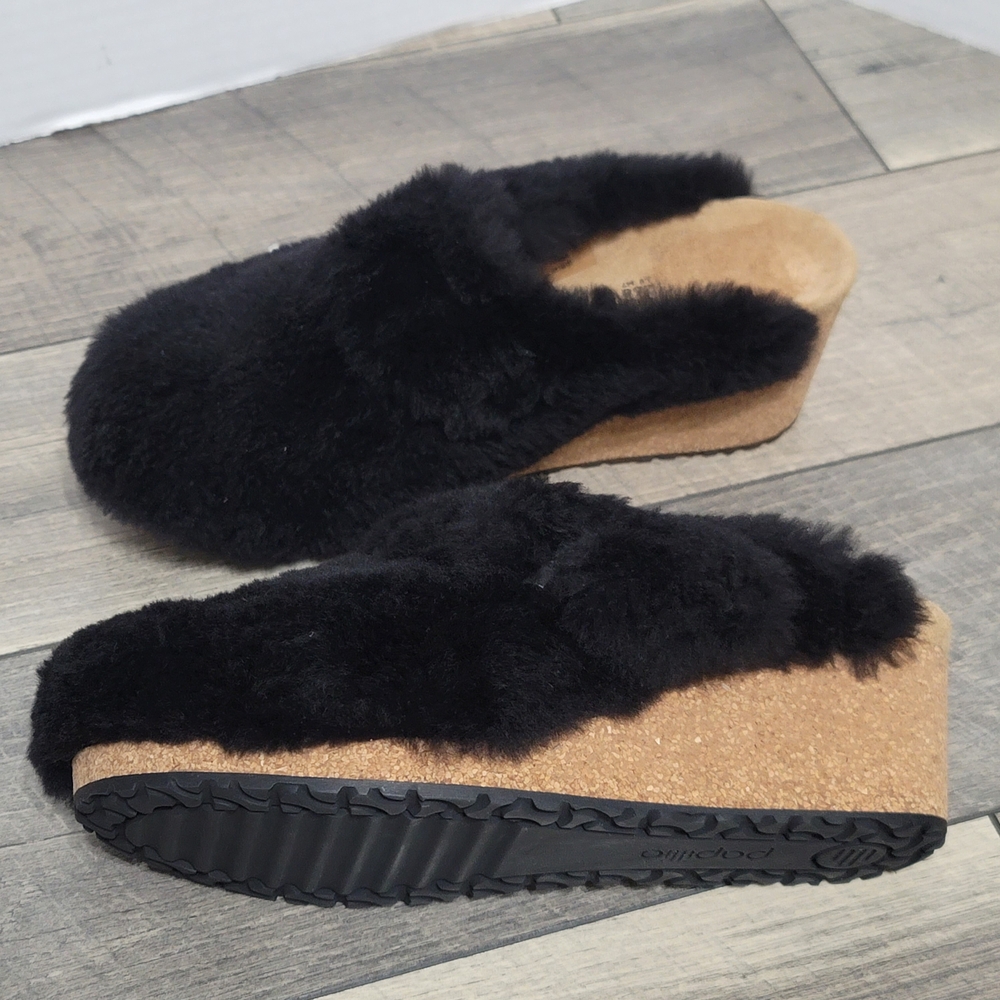Papillio Birkenstock Fanny Teddy Wedge Mule Black Shearling Sherpa Sz 40/US Sz 9 - Picture 5 of 12